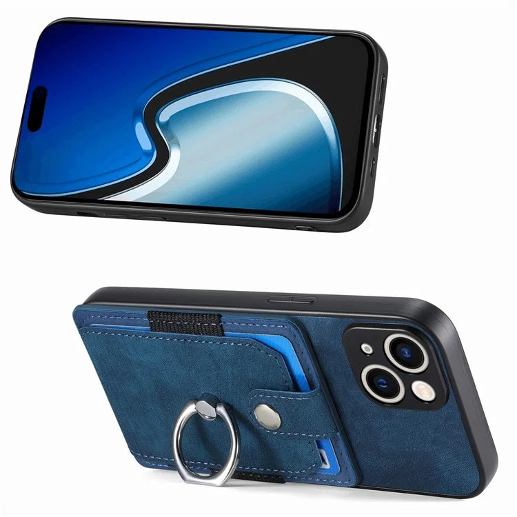 D2 For iPhone 15 Plus PU Leather+TPU Phone Case Kickstand Card Holder Phone Protective Shell