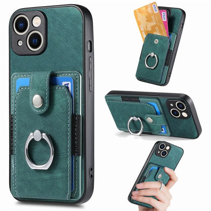 D2 For iPhone 15 Plus PU Leather+TPU Phone Case Kickstand Card Holder Phone Protective Shell