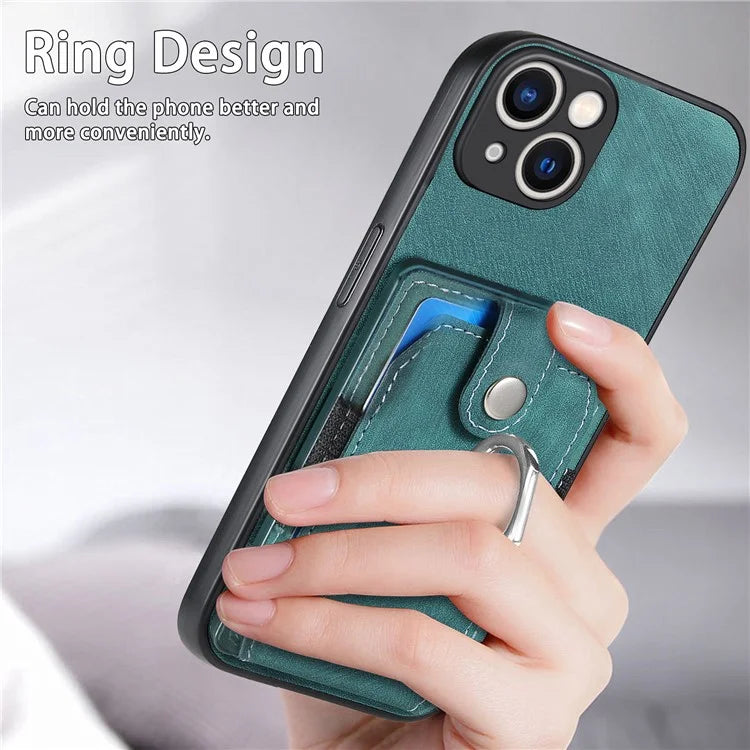D2 For iPhone 15 Plus PU Leather+TPU Phone Case Kickstand Card Holder Phone Protective Shell