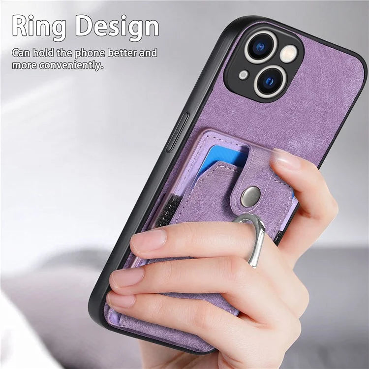 D2 For iPhone 15 Plus PU Leather+TPU Phone Case Kickstand Card Holder Phone Protective Shell