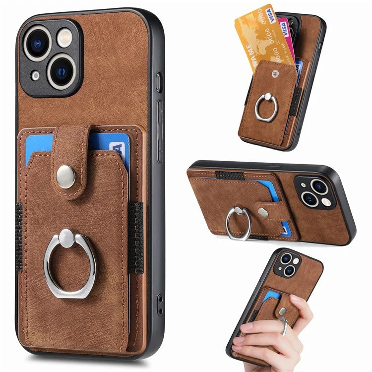 D2 For iPhone 15 Plus PU Leather+TPU Phone Case Kickstand Card Holder Phone Protective Shell