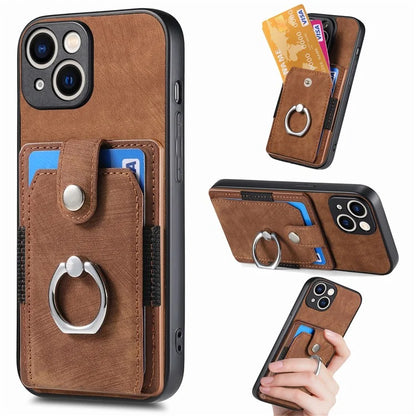 D2 For iPhone 15 Plus PU Leather+TPU Phone Case Kickstand Card Holder Phone Protective Shell