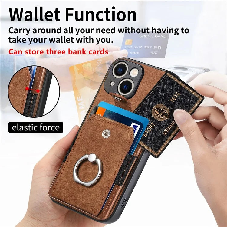 D2 For iPhone 15 Plus PU Leather+TPU Phone Case Kickstand Card Holder Phone Protective Shell