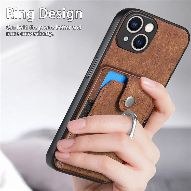 D2 For iPhone 15 Plus PU Leather+TPU Phone Case Kickstand Card Holder Phone Protective Shell