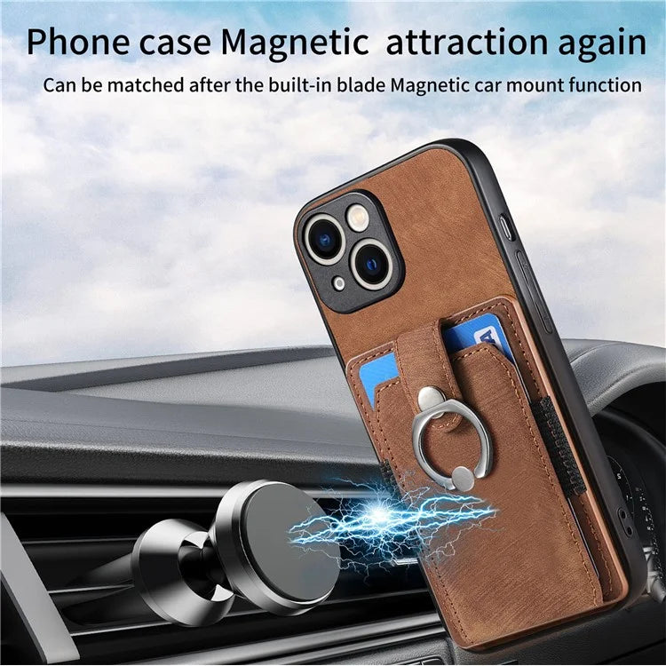 D2 For iPhone 15 Plus PU Leather+TPU Phone Case Kickstand Card Holder Phone Protective Shell