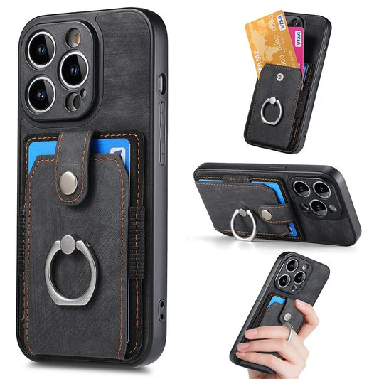 D2 For iPhone 13 Pro Case Ring Holder Kickstand TPU+PU Leather Phone Shell