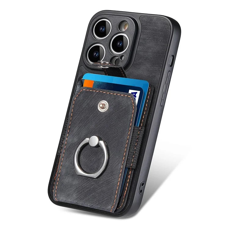 D2 For iPhone 13 Pro Case Ring Holder Kickstand TPU+PU Leather Phone Shell