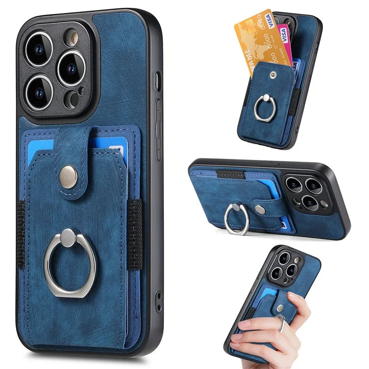 D2 For iPhone 13 Pro Case Ring Holder Kickstand TPU+PU Leather Phone Shell