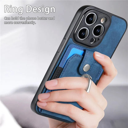 D2 For iPhone 13 Pro Case Ring Holder Kickstand TPU+PU Leather Phone Shell