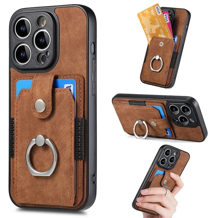 D2 For iPhone 13 Pro Case Ring Holder Kickstand TPU+PU Leather Phone Shell