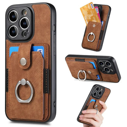 D2 For iPhone 13 Pro Case Ring Holder Kickstand TPU+PU Leather Phone Shell
