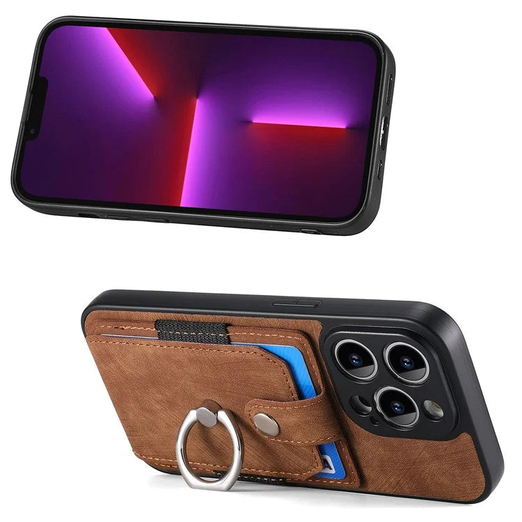 D2 For iPhone 13 Pro Case Ring Holder Kickstand TPU+PU Leather Phone Shell