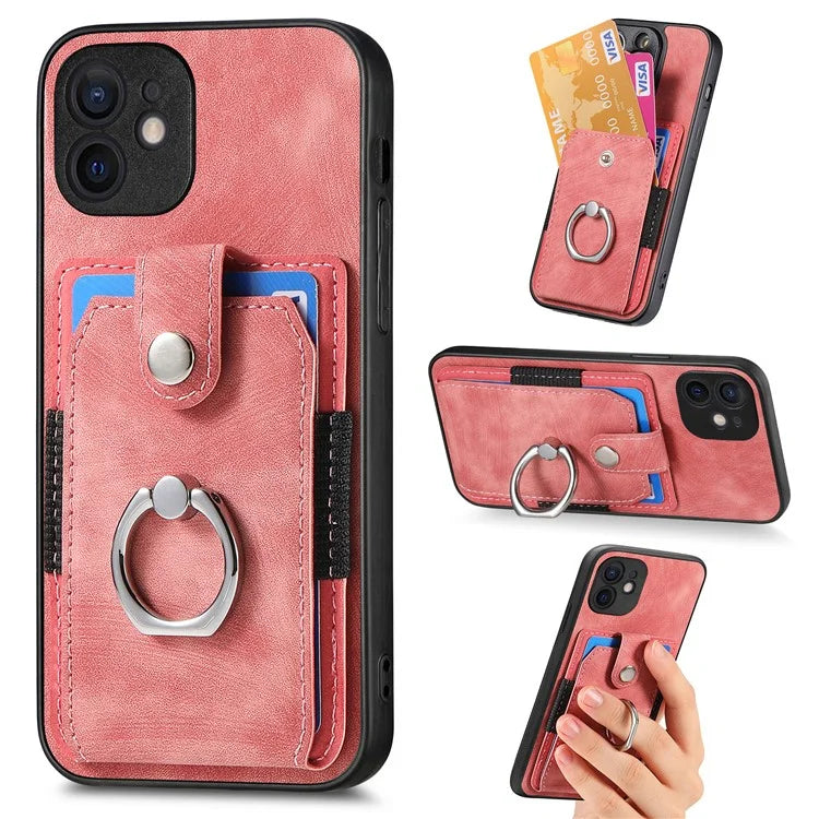 D2 For iPhone 12 6.1 inch Case Leather Rotation Ring Kickstand Phone Cover with Card Holder