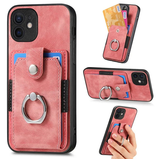 D2 For iPhone 12 6.1 inch Case Leather Rotation Ring Kickstand Phone Cover with Card Holder