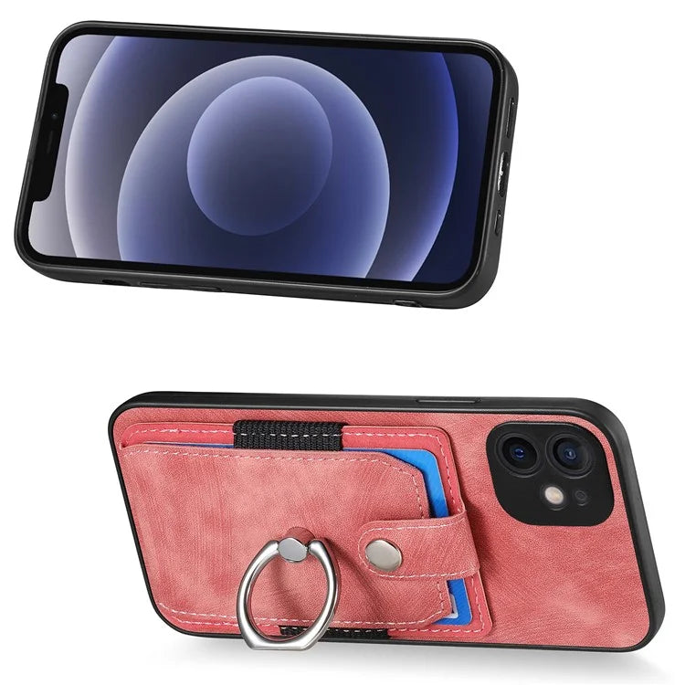 D2 For iPhone 12 6.1 inch Case Leather Rotation Ring Kickstand Phone Cover with Card Holder