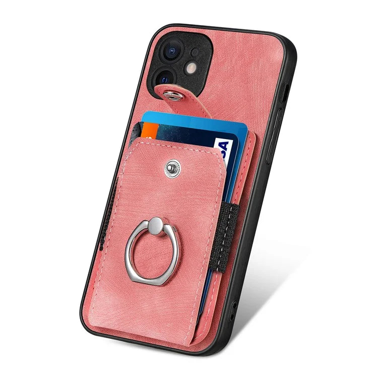 D2 For iPhone 12 6.1 inch Case Leather Rotation Ring Kickstand Phone Cover with Card Holder