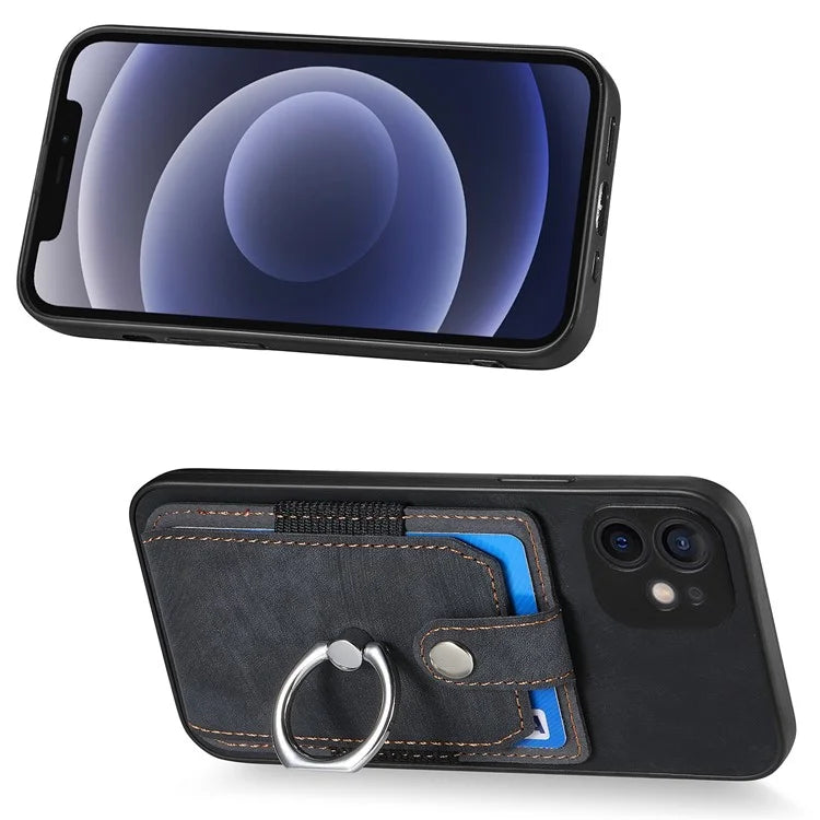 D2 For iPhone 12 6.1 inch Case Leather Rotation Ring Kickstand Phone Cover with Card Holder