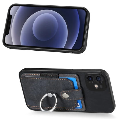 D2 For iPhone 12 6.1 inch Case Leather Rotation Ring Kickstand Phone Cover with Card Holder