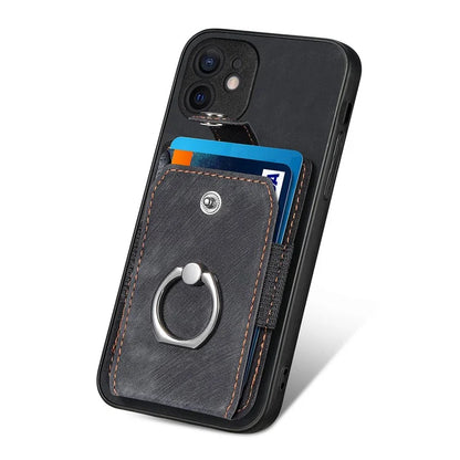 D2 For iPhone 12 6.1 inch Case Leather Rotation Ring Kickstand Phone Cover with Card Holder