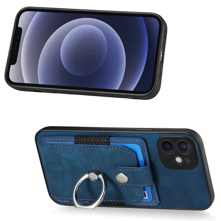 D2 For iPhone 12 6.1 inch Case Leather Rotation Ring Kickstand Phone Cover with Card Holder