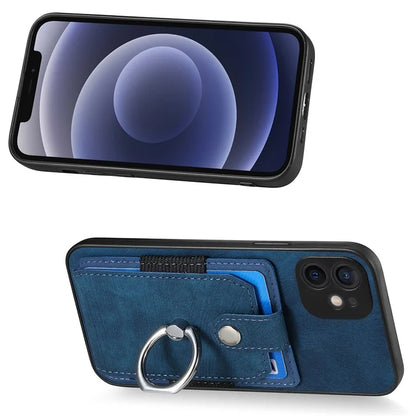 D2 For iPhone 12 6.1 inch Case Leather Rotation Ring Kickstand Phone Cover with Card Holder