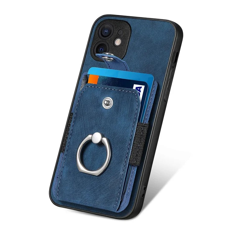 D2 For iPhone 12 6.1 inch Case Leather Rotation Ring Kickstand Phone Cover with Card Holder