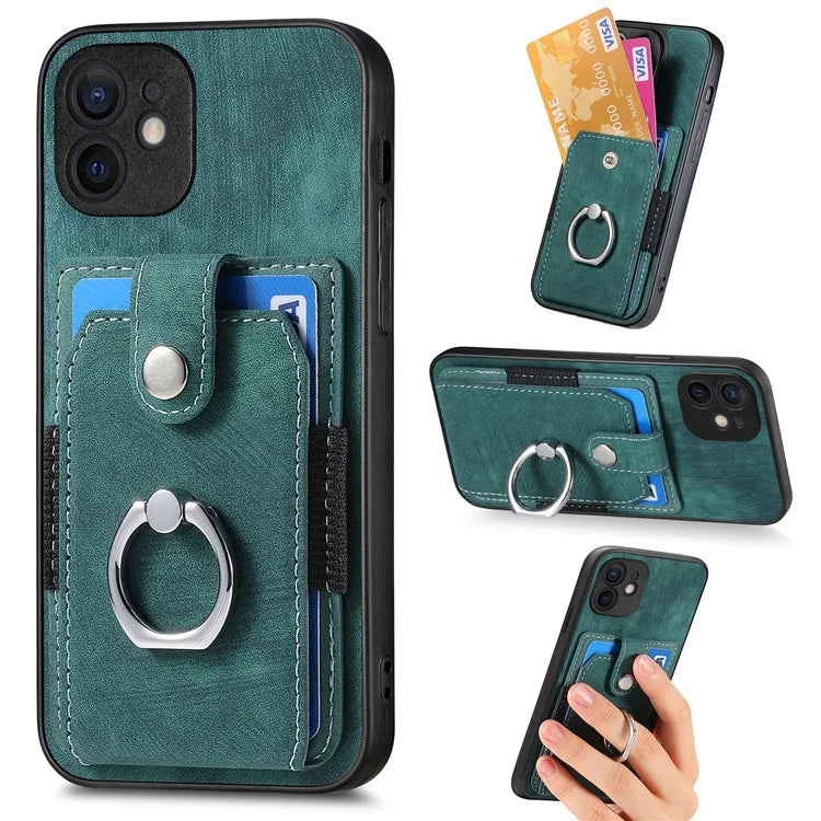 D2 For iPhone 12 6.1 inch Case Leather Rotation Ring Kickstand Phone Cover with Card Holder