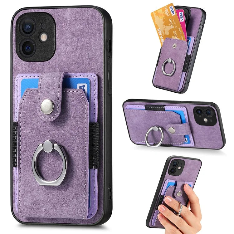D2 For iPhone 12 6.1 inch Case Leather Rotation Ring Kickstand Phone Cover with Card Holder