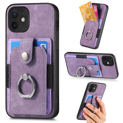 D2 For iPhone 12 6.1 inch Case Leather Rotation Ring Kickstand Phone Cover with Card Holder