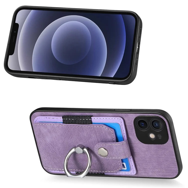 D2 For iPhone 12 6.1 inch Case Leather Rotation Ring Kickstand Phone Cover with Card Holder