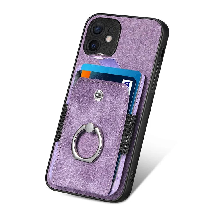 D2 For iPhone 12 6.1 inch Case Leather Rotation Ring Kickstand Phone Cover with Card Holder