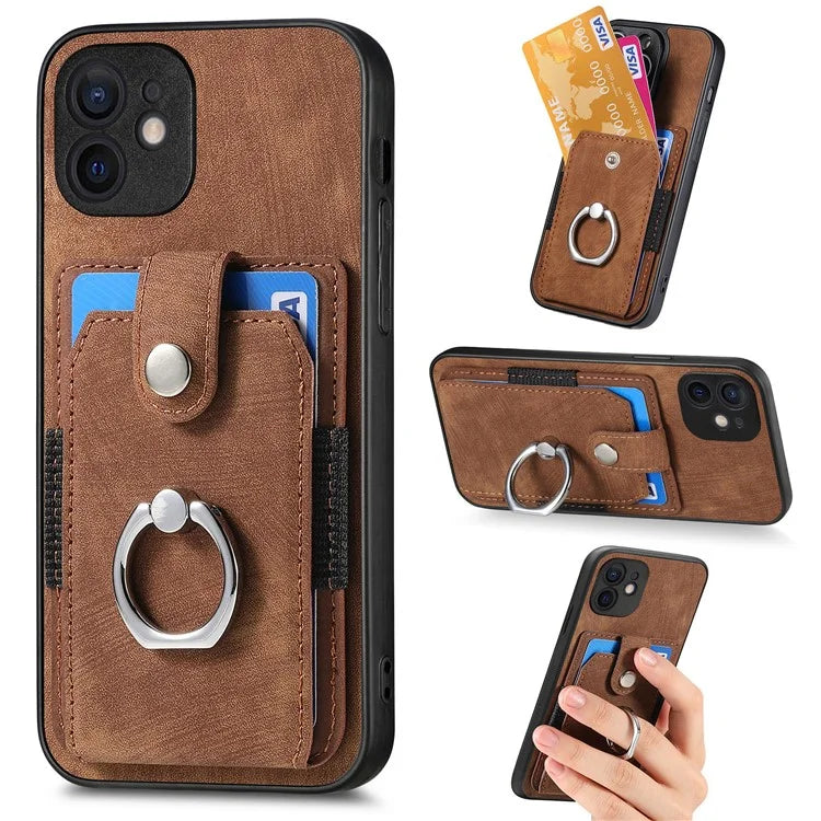 D2 For iPhone 12 6.1 inch Case Leather Rotation Ring Kickstand Phone Cover with Card Holder