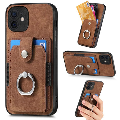 D2 For iPhone 12 6.1 inch Case Leather Rotation Ring Kickstand Phone Cover with Card Holder