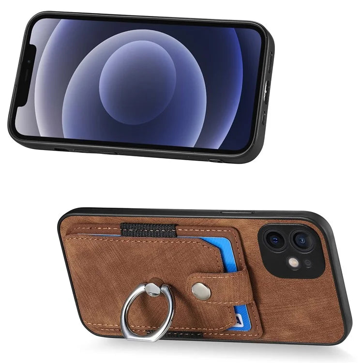 D2 For iPhone 12 6.1 inch Case Leather Rotation Ring Kickstand Phone Cover with Card Holder