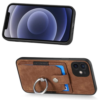D2 For iPhone 12 6.1 inch Case Leather Rotation Ring Kickstand Phone Cover with Card Holder