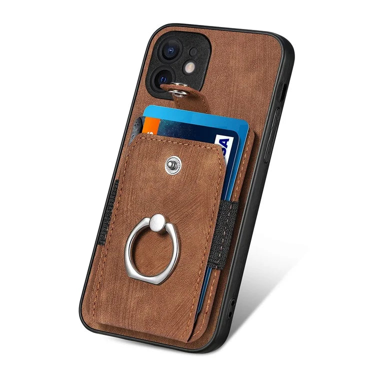 D2 For iPhone 12 6.1 inch Case Leather Rotation Ring Kickstand Phone Cover with Card Holder