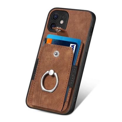 D2 For iPhone 12 6.1 inch Case Leather Rotation Ring Kickstand Phone Cover with Card Holder