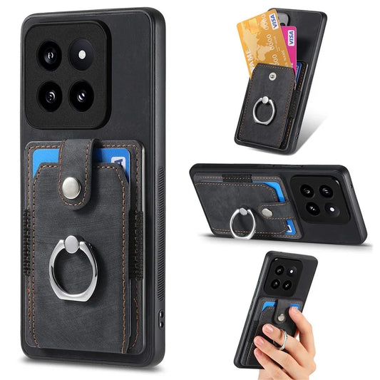 D2 For Xiaomi 14 Pro Case Ring Kickstand Leather+TPU Card Holder Phone Cover