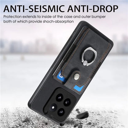 D2 For Xiaomi 14 Pro Case Ring Kickstand Leather+TPU Card Holder Phone Cover