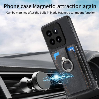 D2 For Xiaomi 14 Pro Case Ring Kickstand Leather+TPU Card Holder Phone Cover