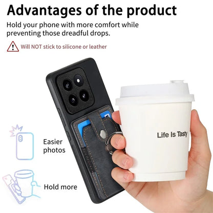 D2 For Xiaomi 14 Pro Case Ring Kickstand Leather+TPU Card Holder Phone Cover