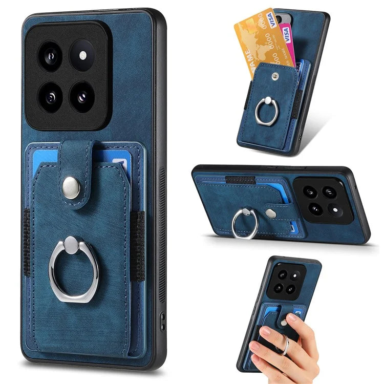 D2 For Xiaomi 14 Pro Case Ring Kickstand Leather+TPU Card Holder Phone Cover