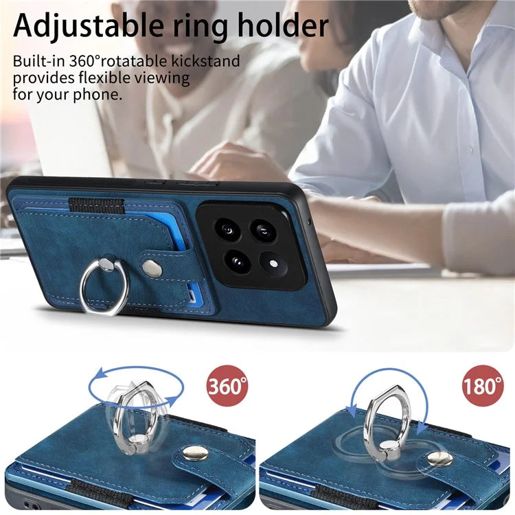 D2 For Xiaomi 14 Pro Case Ring Kickstand Leather+TPU Card Holder Phone Cover