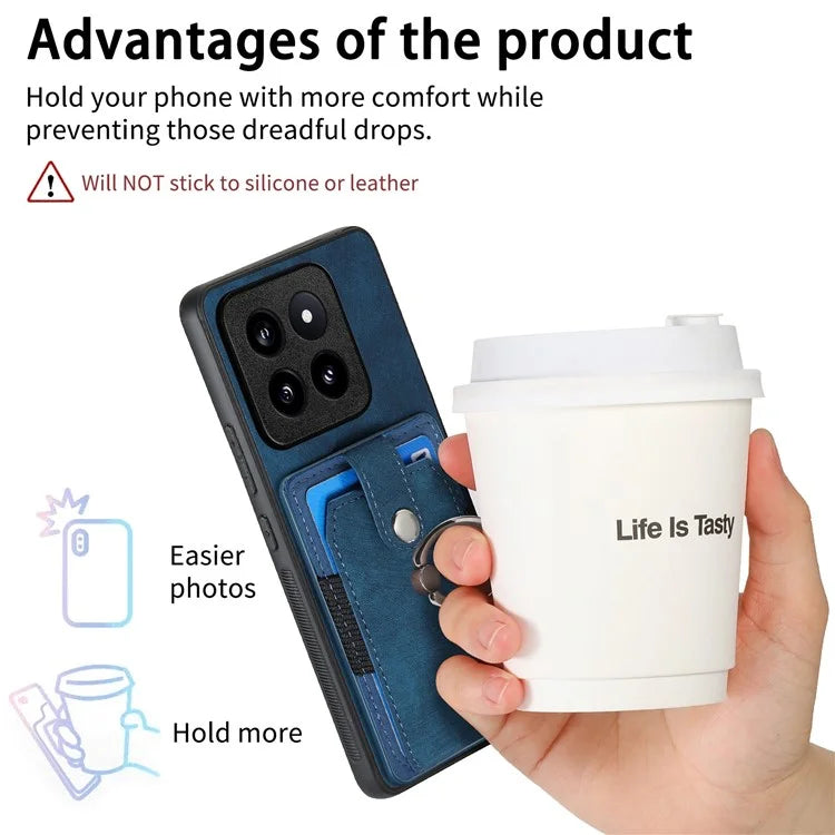 D2 For Xiaomi 14 Pro Case Ring Kickstand Leather+TPU Card Holder Phone Cover
