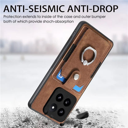 D2 For Xiaomi 14 Pro Case Ring Kickstand Leather+TPU Card Holder Phone Cover