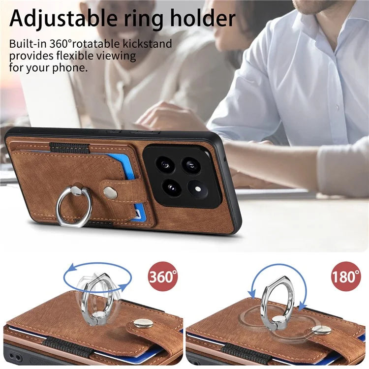 D2 For Xiaomi 14 Pro Case Ring Kickstand Leather+TPU Card Holder Phone Cover