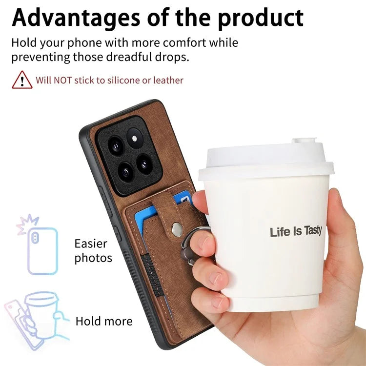 D2 For Xiaomi 14 Pro Case Ring Kickstand Leather+TPU Card Holder Phone Cover