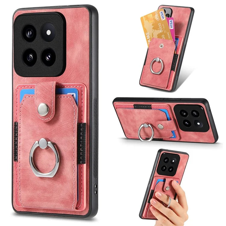 D2 For Xiaomi 14 Pro Case Ring Kickstand Leather+TPU Card Holder Phone Cover