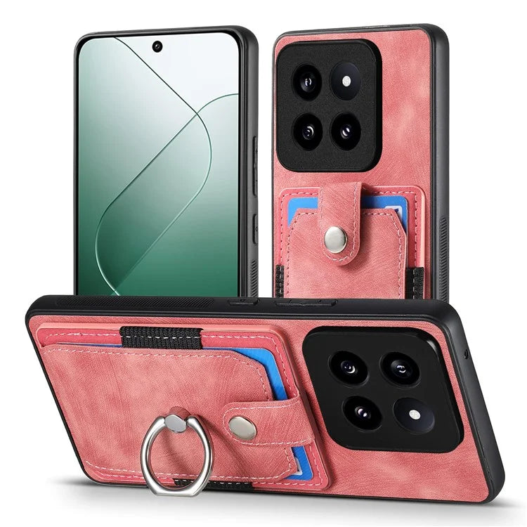 D2 For Xiaomi 14 Pro Case Ring Kickstand Leather+TPU Card Holder Phone Cover