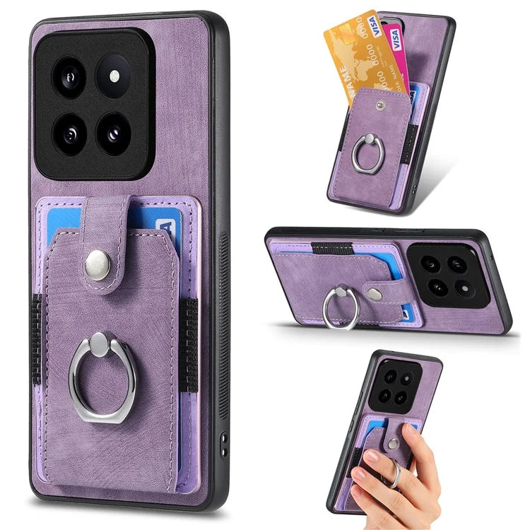 D2 For Xiaomi 14 Pro Case Ring Kickstand Leather+TPU Card Holder Phone Cover